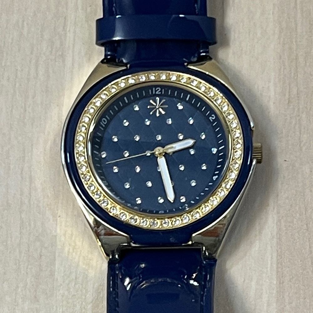 Isaac Mizrahi Live Navy Blue, Rhinestones & Gold Tone Trim Women’s Analog Watch